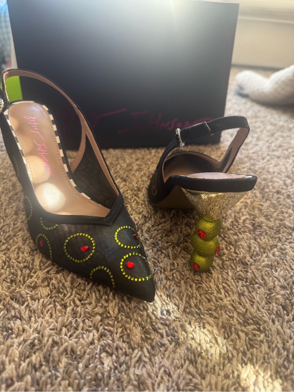 Betsey Johnson Black Pointed Slingback Heels with Olive Embellishments
